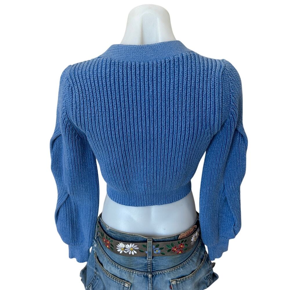 Derek Lam Blue Cropped Cardigan SMALL Cotton Sweater Twisted Sleeve Chunky $450 - Picture 10 of 12